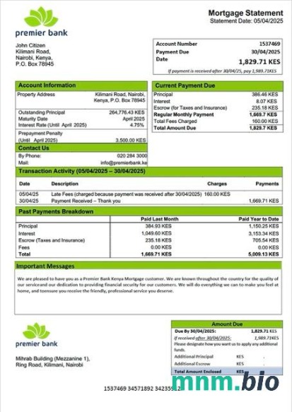 Kenia Bank Premier Kenia wyciąg z kredytu hipotecznego szablon Word i PDF